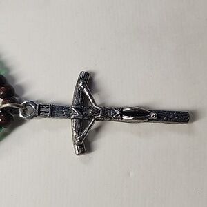 Green Glass Bead Crucifix Necklace Long Rosary Style Wood Spacer Faith Necklace